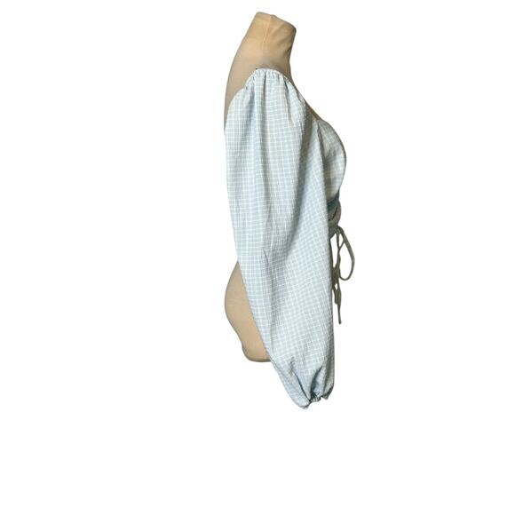 Vestique Blue White Checkered Pattern Long Sleeves Ruched Crop Top size M - Picture 8 of 16